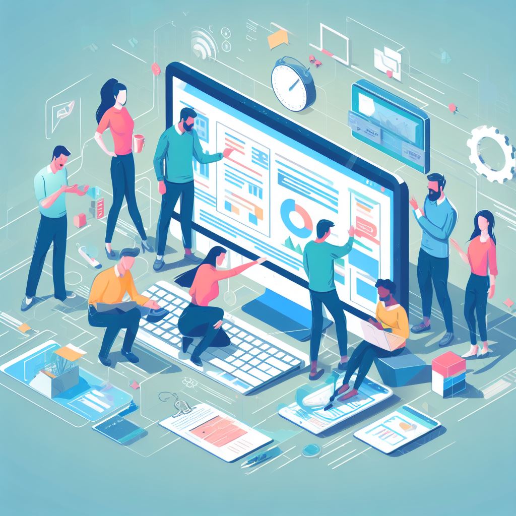 An illustration of a group of diverse people working together on a web design project, symbolizing collaboration and teamwork.